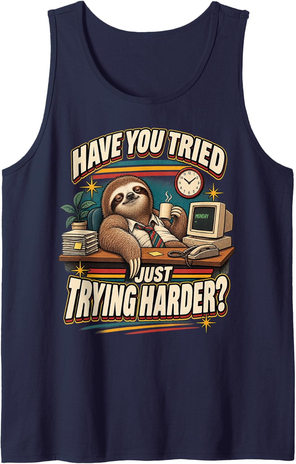 Funny Sloth Motivational Quote Office Humor Retro Style Tank Top - Navy Blue