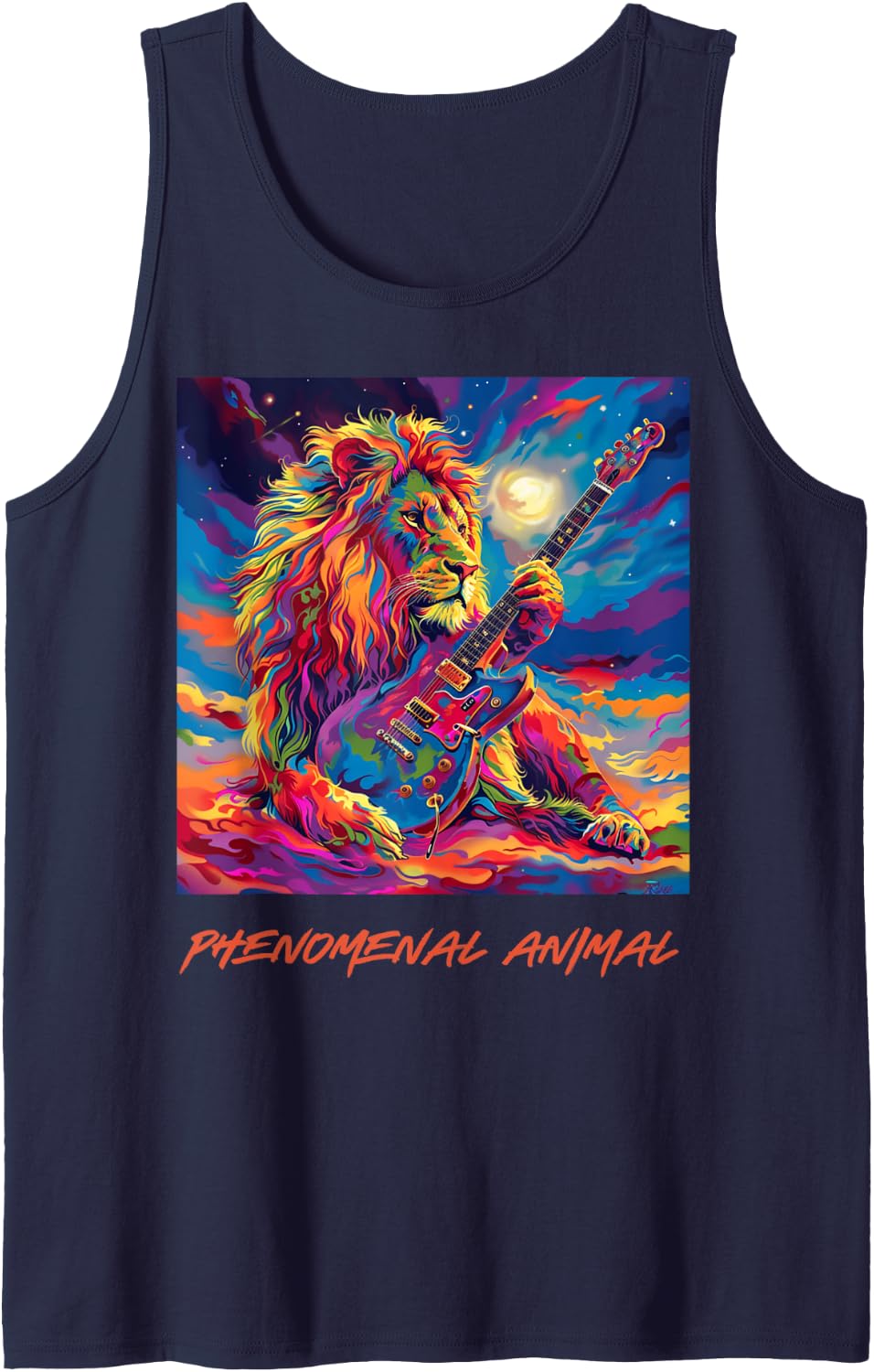 Phenomenal Colorful Lion Playing Guitar In The Clouds Tank Top - Navy Blue