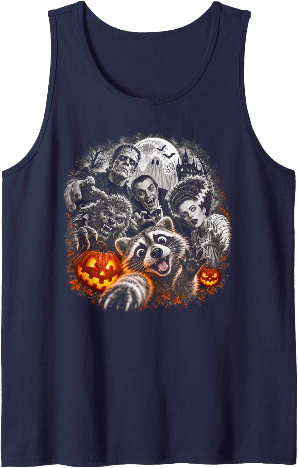 Halloween Raccoon Monster Selfie Outstretched Paws Art Sleeveless Tank Top - Navy Blue