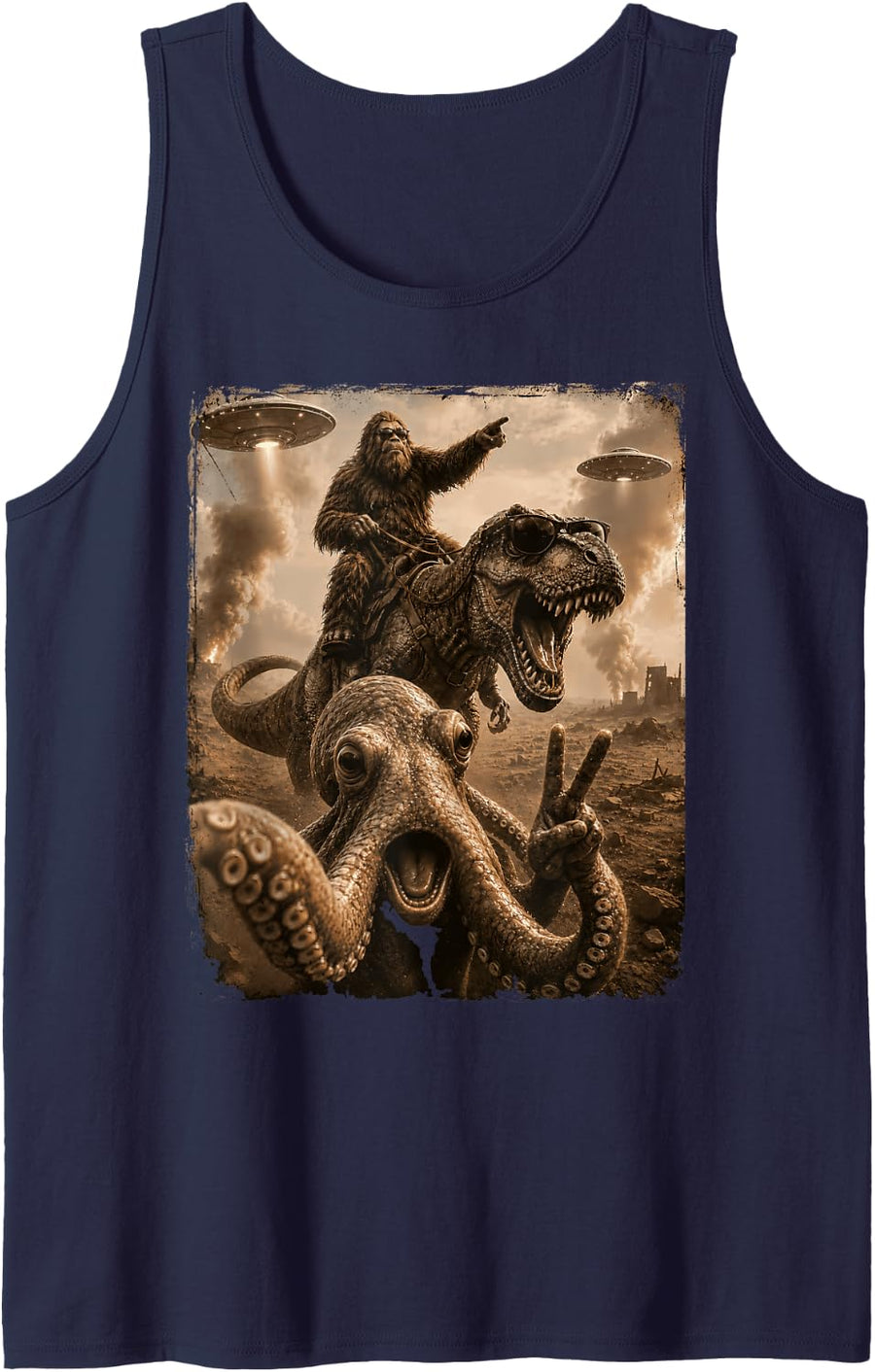 Octopus Selfie Bigfoot T Rex UFO Funny Men Women Kid Humor Sleeveless Tank Top - Navy Blue