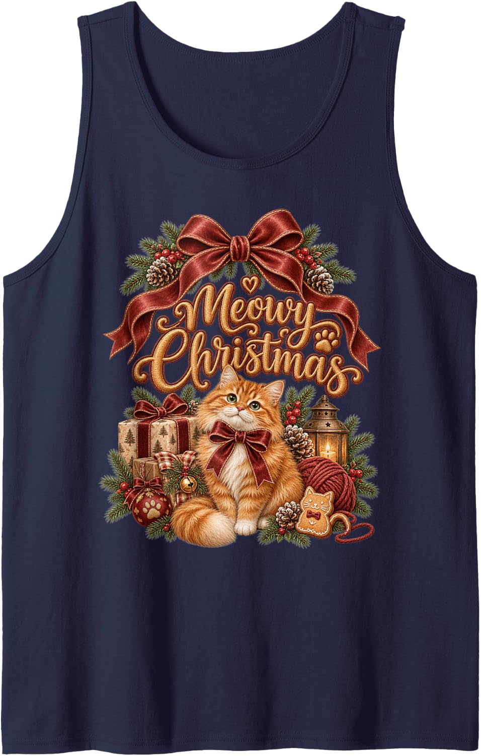 Christmas Gingerbread Orange Cat Cozy Bow Winter Kitty Cheer Sleeveless Tank Top - Navy Blue