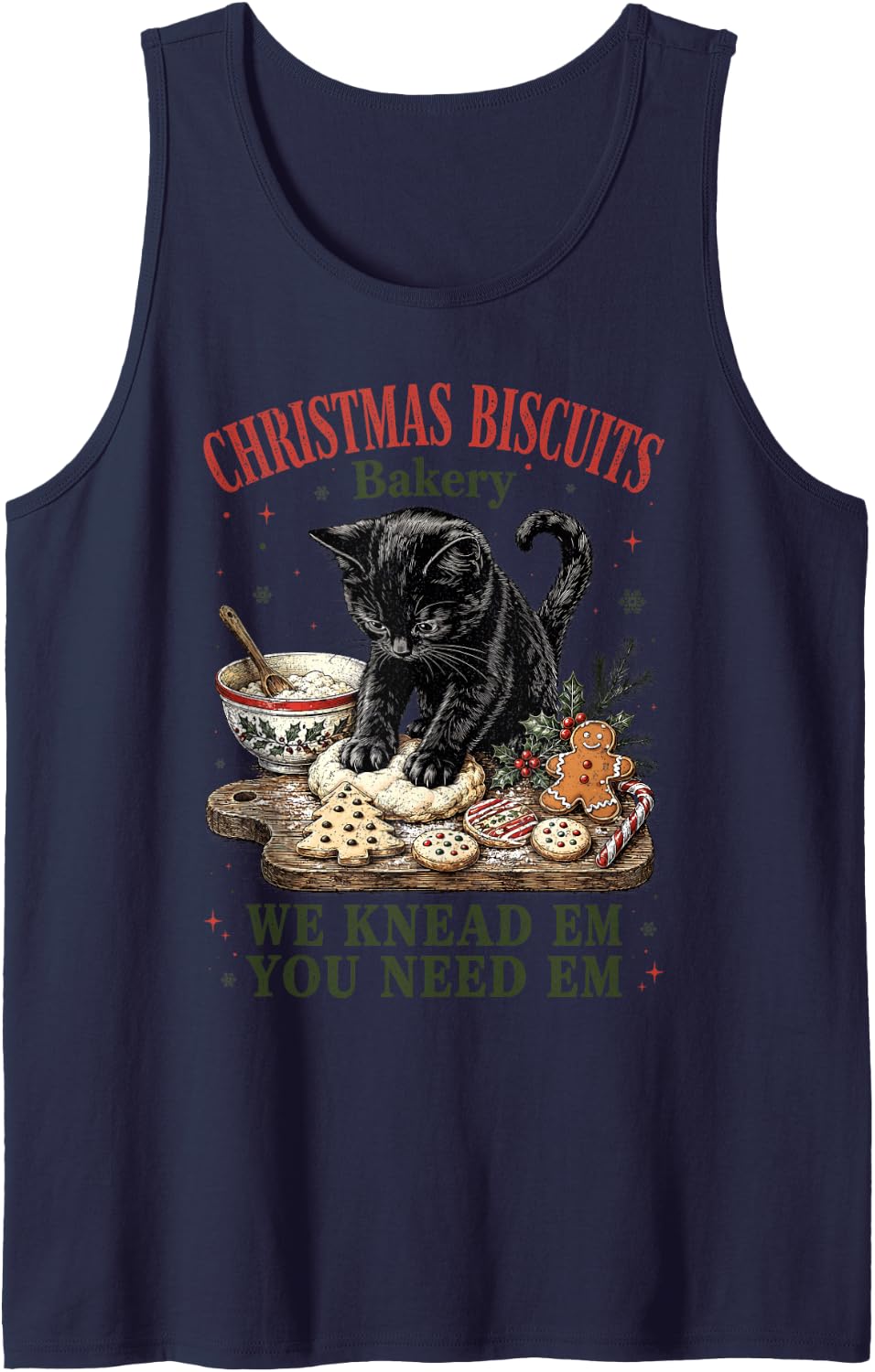 Funny Christmas Biscuits Bakery Gingerbread Cat Lover Sleeveless Tank Top - Navy Blue