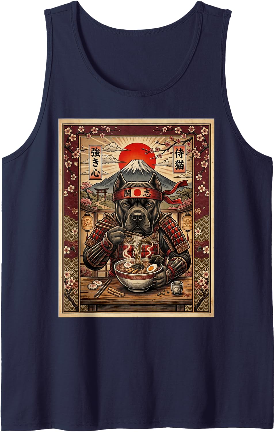Cane Corso Dog Ramen Kawaii Japan Samurai Graphic Snack Sleeveless Tank Top - Navy Blue