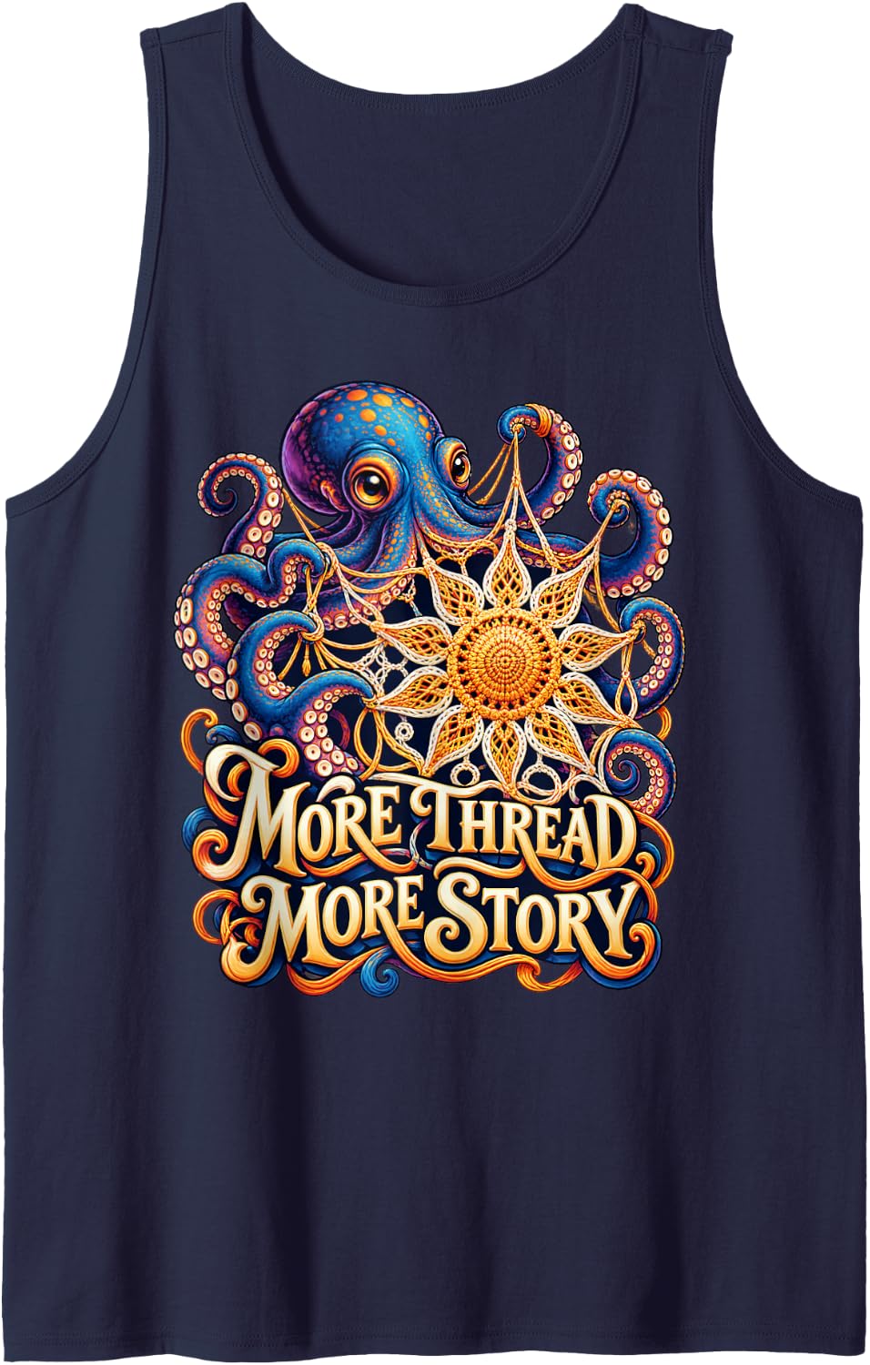 Octopus Crochet More Thread More Story Fiber Art Sleeveless Tank Top - Navy Blue