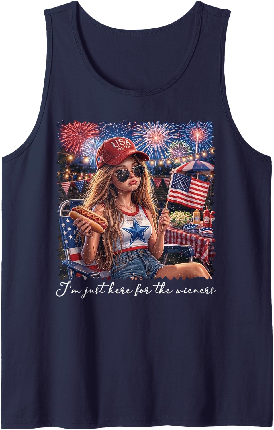 I'm Just Here for The Wieners Funny Doll Face Meme July 4th Tank Top - Navy Blue