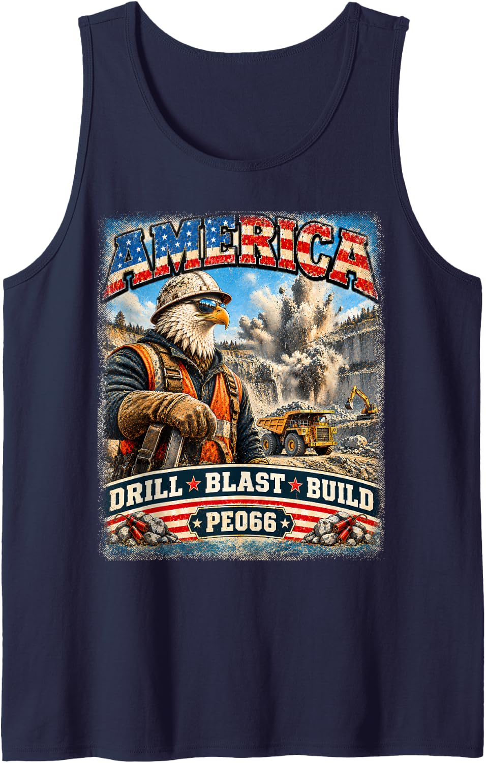 America | Drill Blast Build | Vintage Eagle Quarry Worker Sleeveless Tank Top - Navy Blue