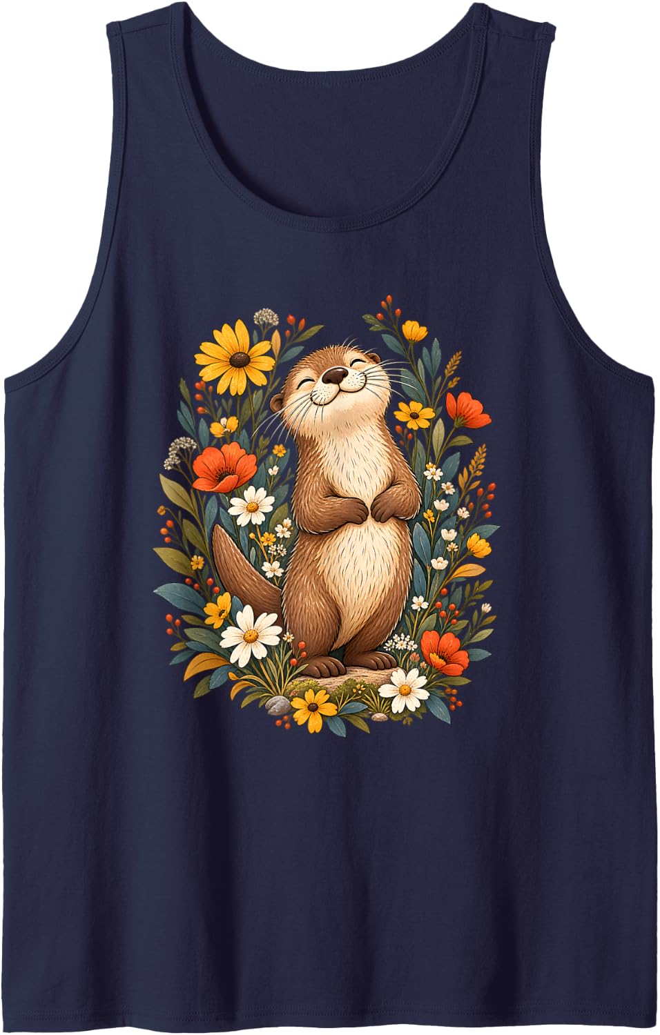 Otter Lover Wildflower Wildlife Animal Sleeveless Tank Top - Navy Blue