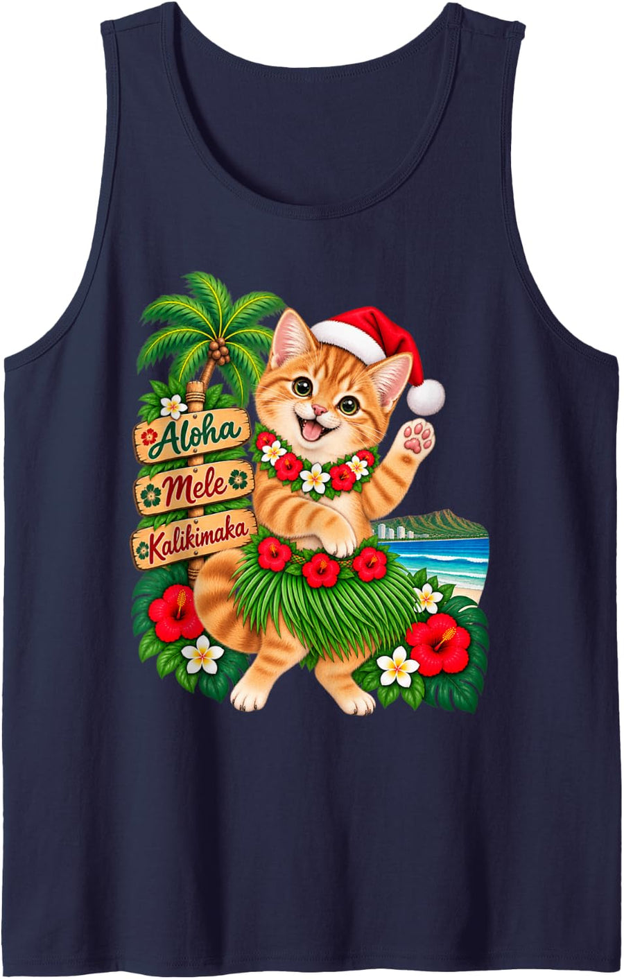 Orange Tabby Cat Hawaiian Christmas Aloha Mele Kalikimaka Sleeveless Tank Top - Navy Blue