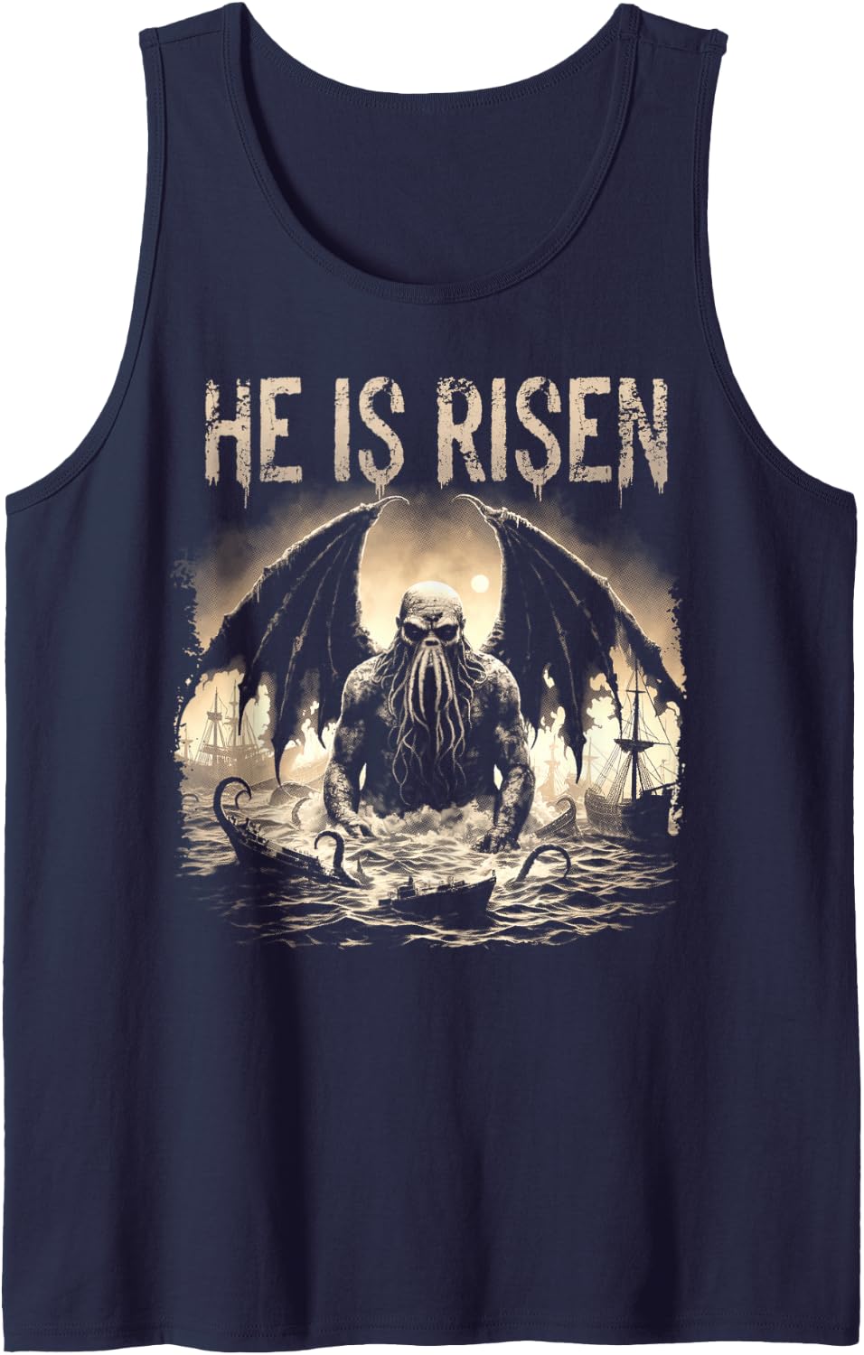 Cthulhu, He Is Risen, Vintage Cthulhu Easter Horror Tank Top - Navy Blue