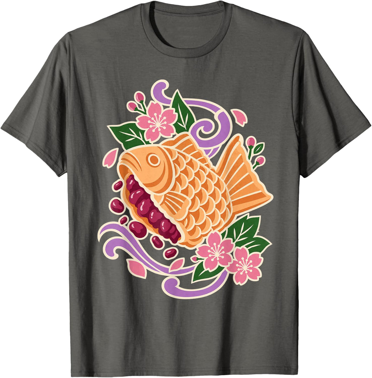 Koi Fish with Cherry Blossoms and Red Beans T-Shirt - Asphalt Grey
