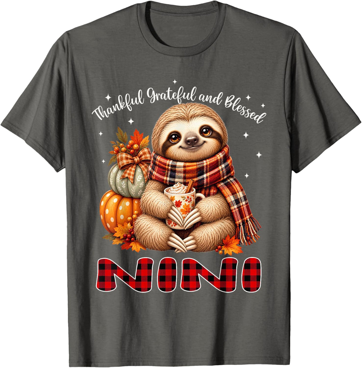 Thankful Grateful Blessed Nini Sloth Thanksgiving T-Shirt - Asphalt Grey
