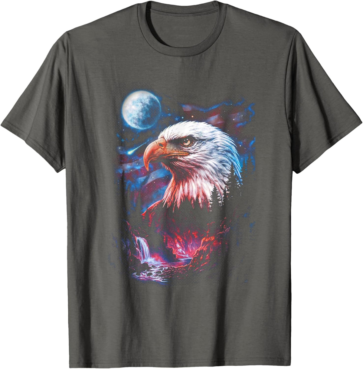 Bald Eagle American Flag Nature Landscape T-Shirt - Asphalt Grey