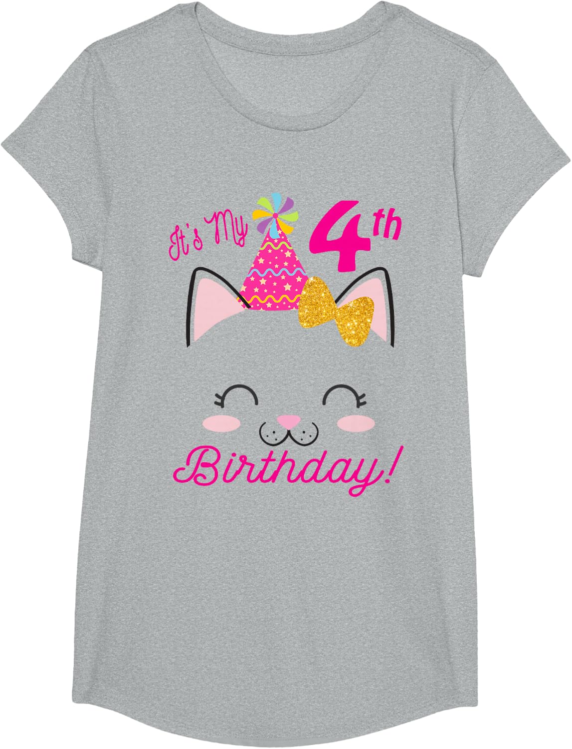 Its My 4th Birthday Shirt Girl Kitty Cat theme Party (four) T-Shirt - Girls Heather Grey