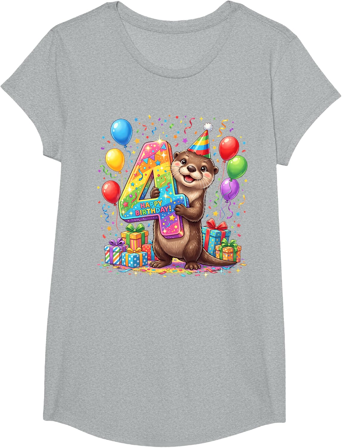 Otter 4th Birthday 4 Years Old T-Shirt - Girls Heather Grey