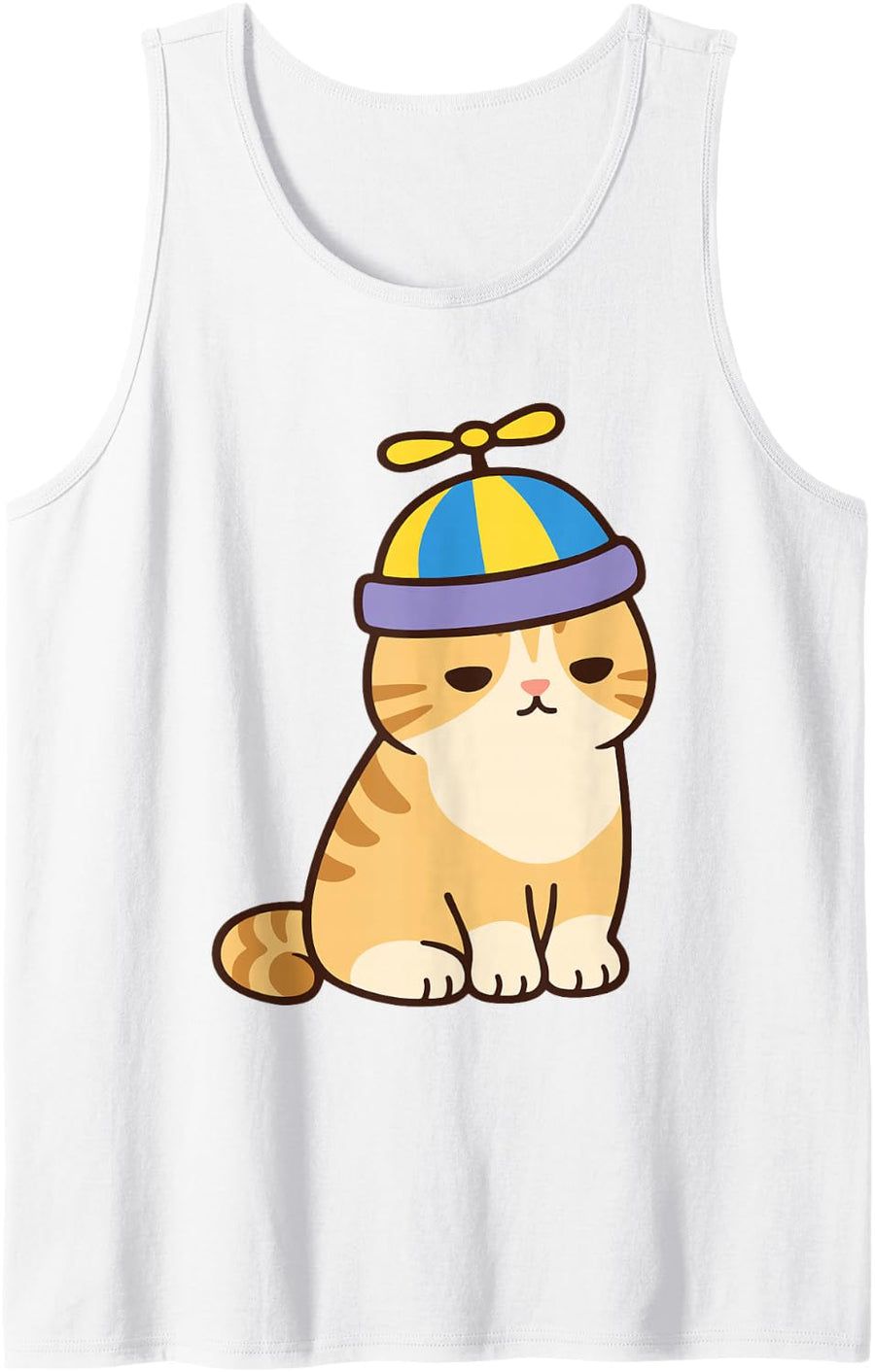 Propeller Hat Cat - Ginger Tabby Cartoon Sleeveless Tank Top - White