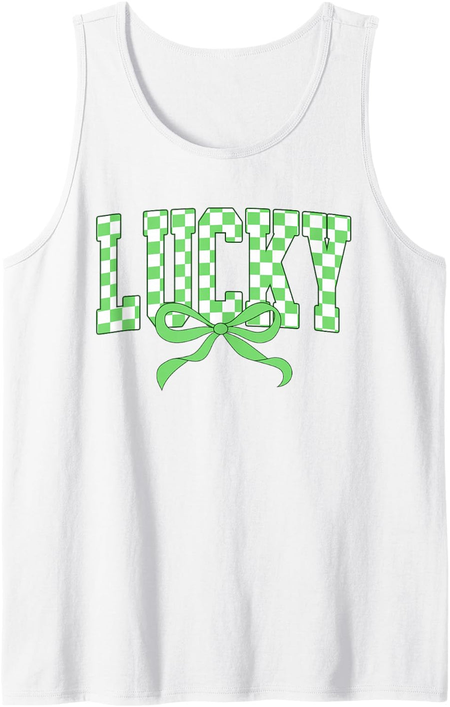 Retro Checkered St Patricks Day Lucky Shamrock Coquette Bow Sleeveless Tank Top - White