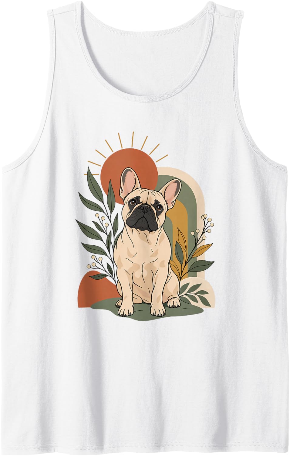 French Bulldog Boho Botanical Fawn Dog Portrait Artwork Sleeveless Tank Top - White