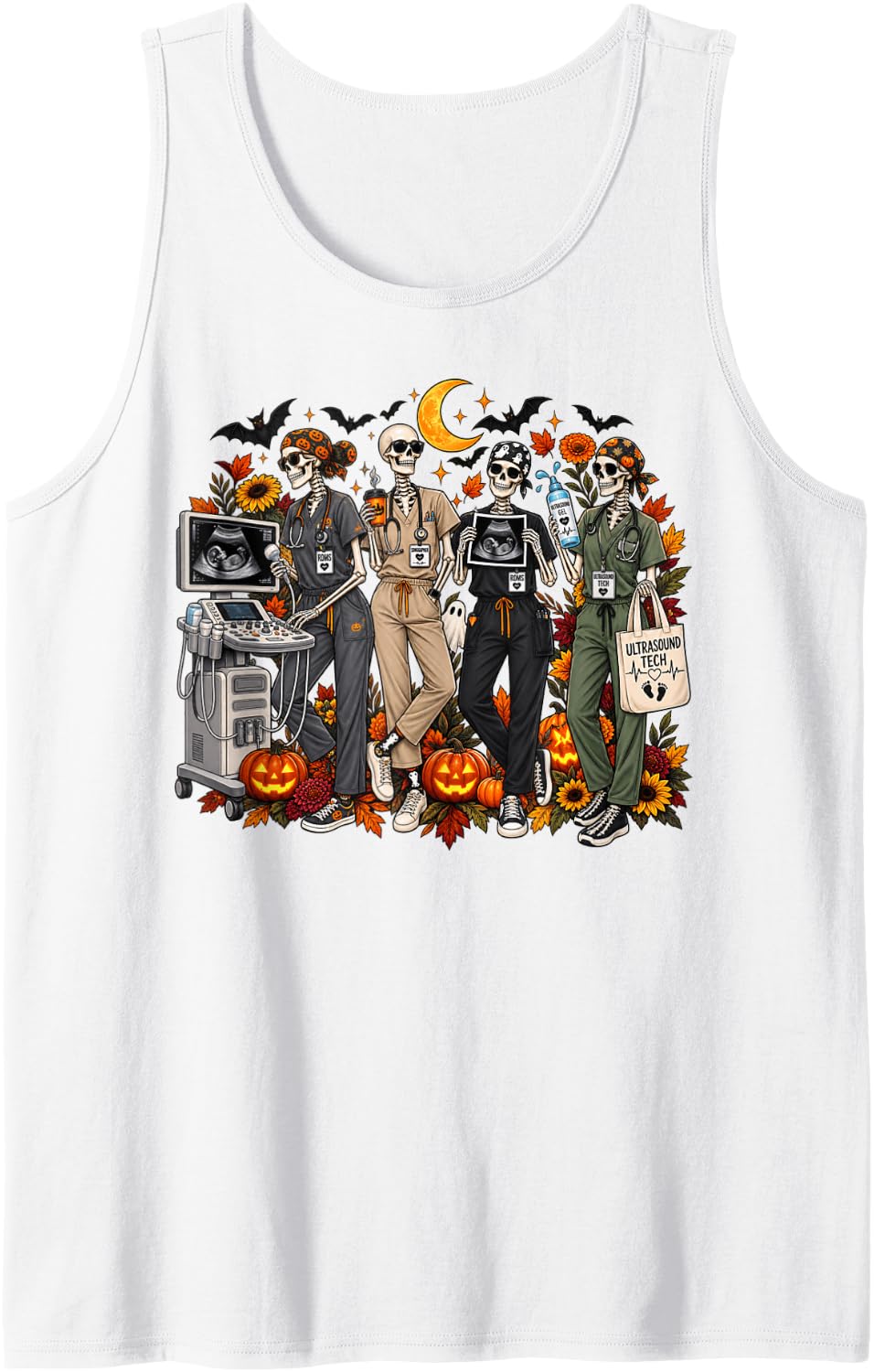 Wildflower Skeleton Sonographer Ultrasound Tech Halloween Sleeveless Tank Top - White