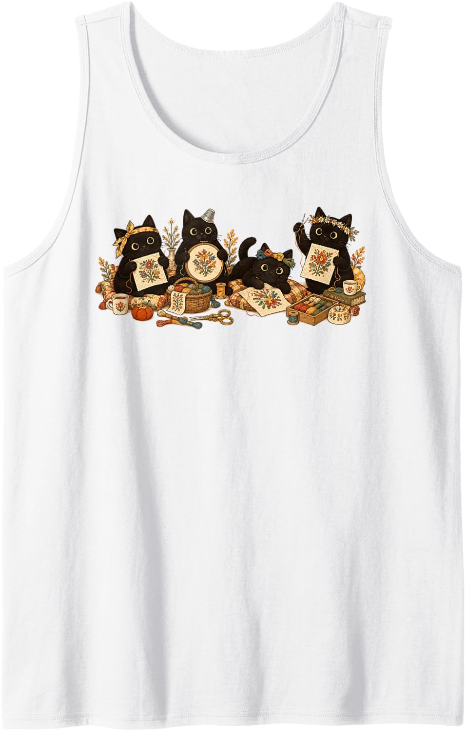 Cross Stitching Lover Black Cat Quilting Sewing Needlework Sleeveless Tank Top - White