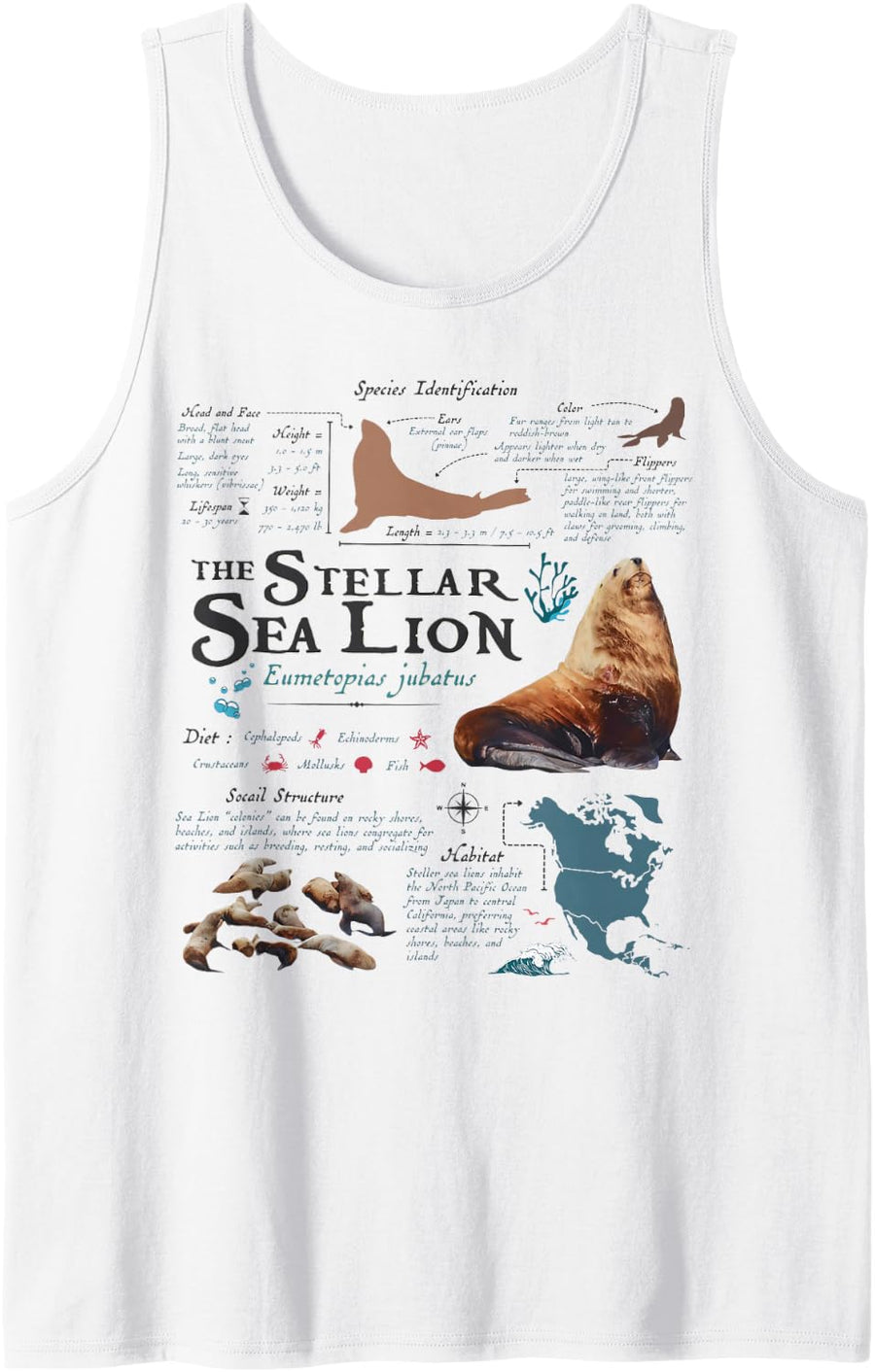 Vintage Stellar Sea Lion Anatomy Retro 90s Marine Biology Sleeveless Tank Top - White