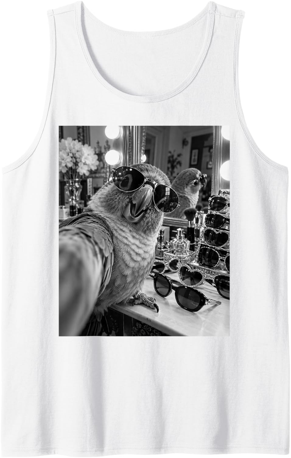 Funny Conure Trying Sunglasses Selfie Meme Bird Lover Sleeveless Tank Top - White