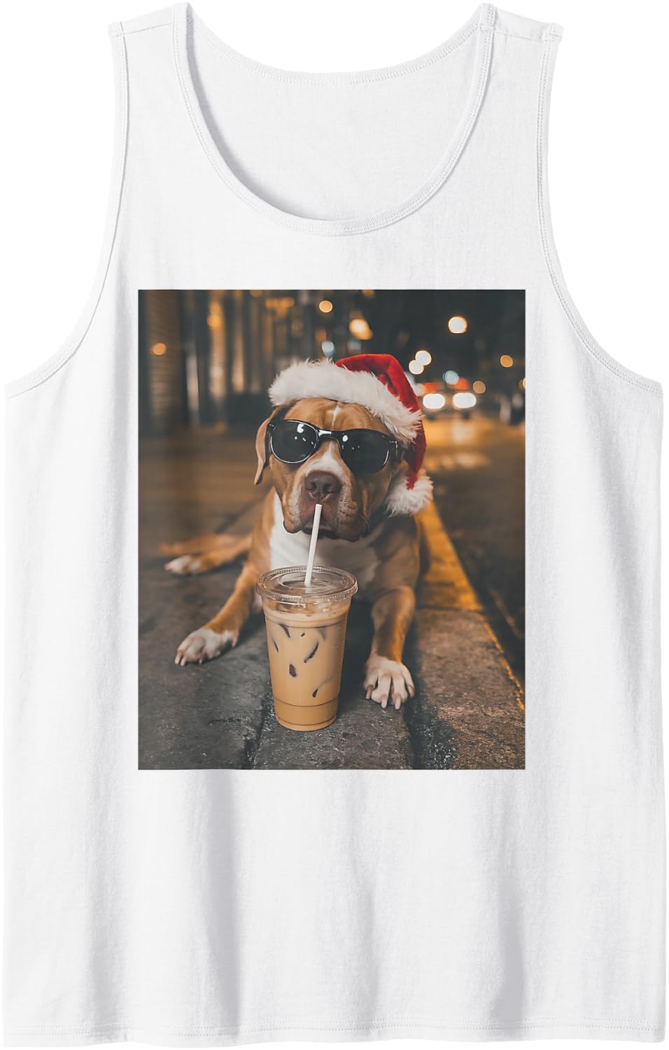 Amstaff Terrier Drinking Iced Coffee Santa Christmas Sleeveless Tank Top - White