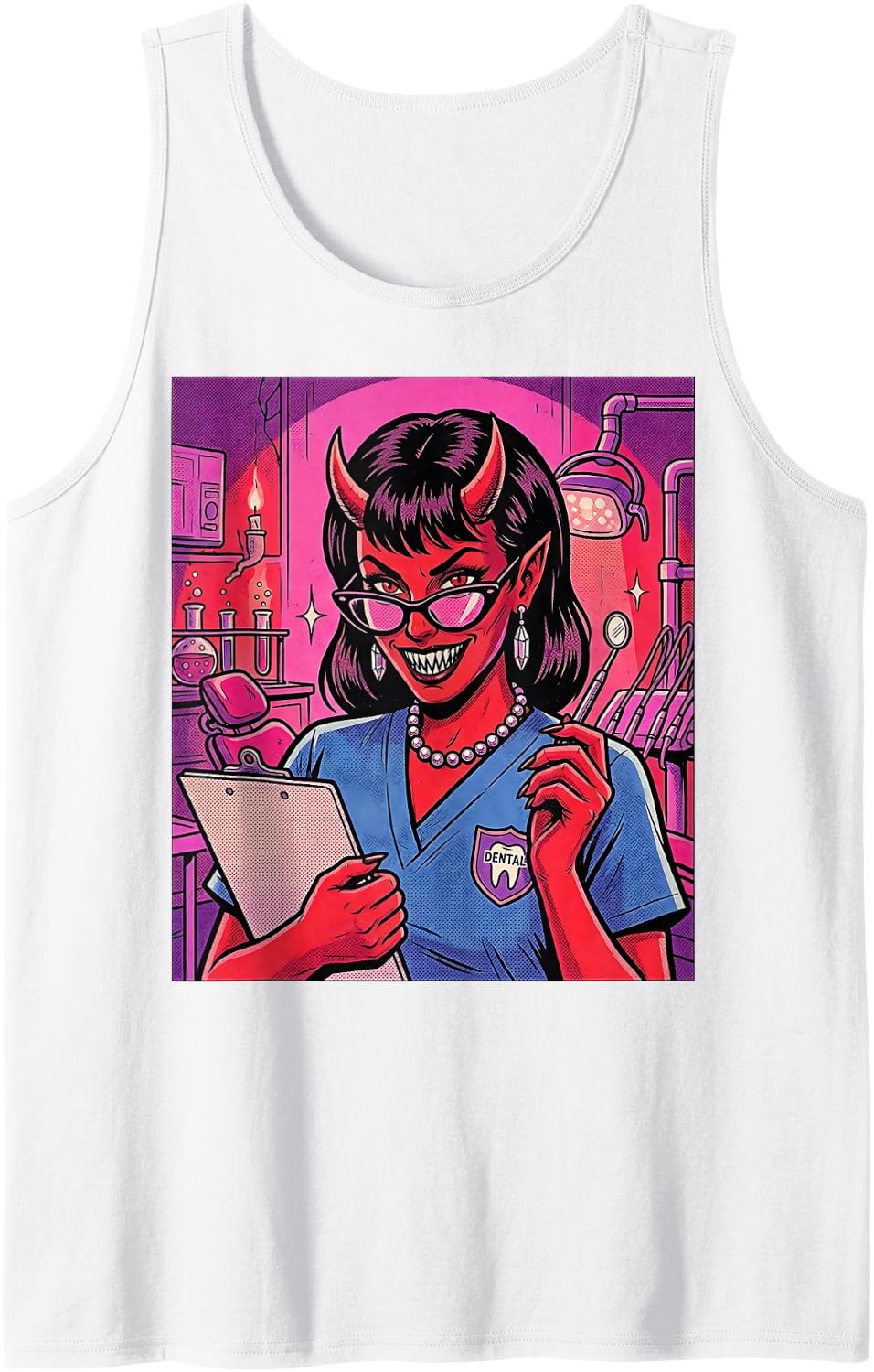 Dentist Dental Assistant Hygienist Devil Horns Spooky Scary Sleeveless Tank Top - White