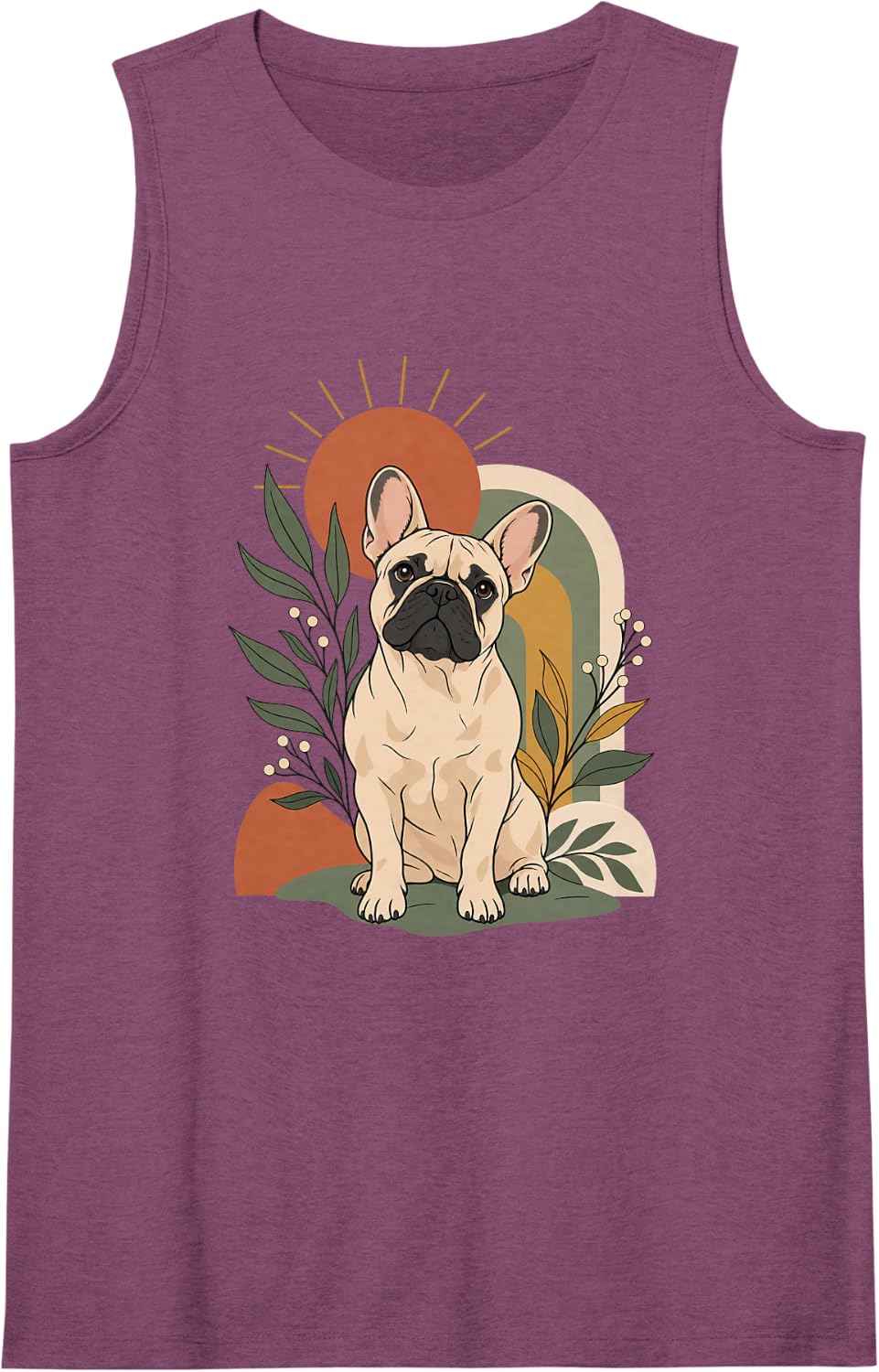 French Bulldog Boho Botanical Fawn Dog Portrait Artwork Sleeveless Tank Top - Purple