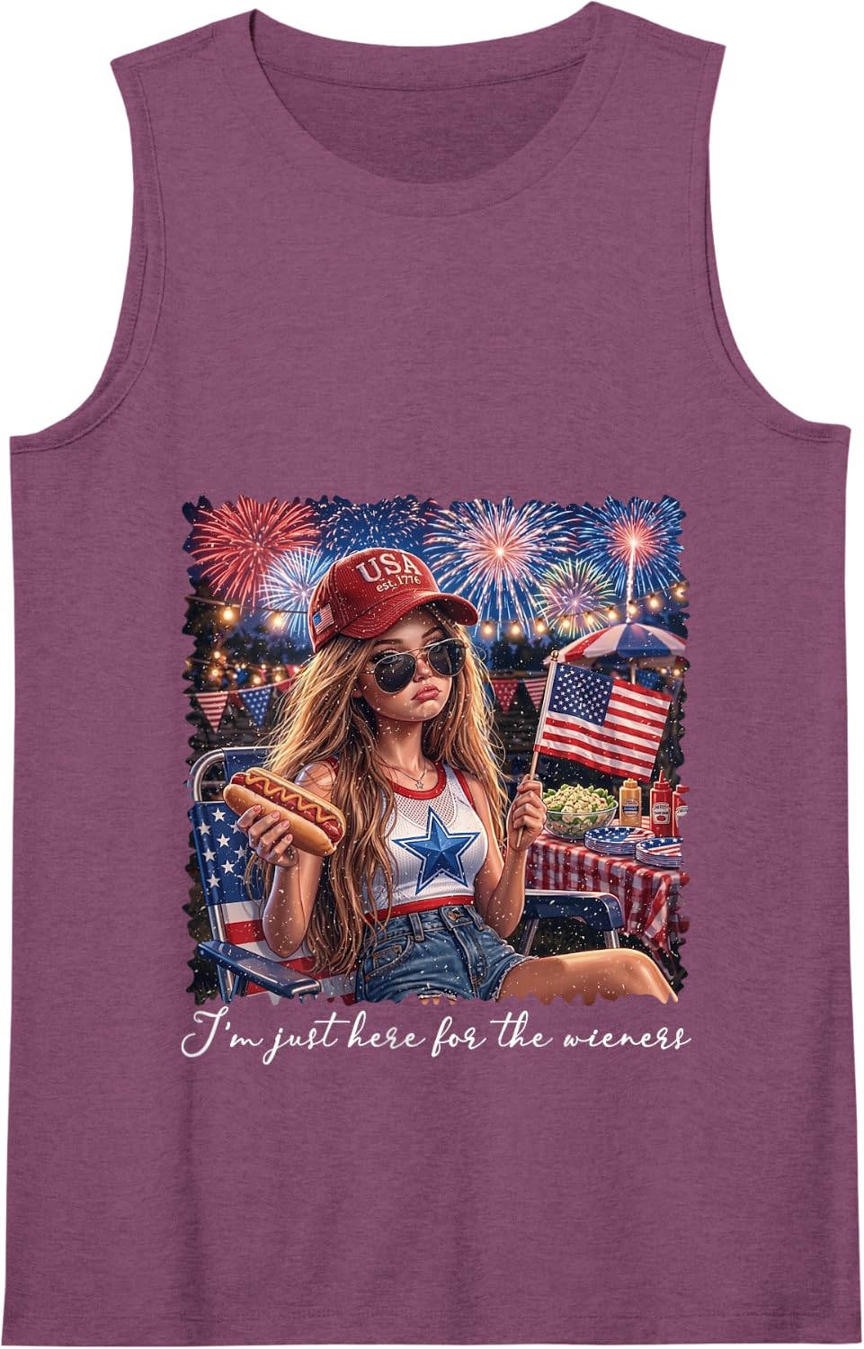 I'm Just Here for The Wieners Funny Doll Face Meme July 4th Tank Top - Purple
