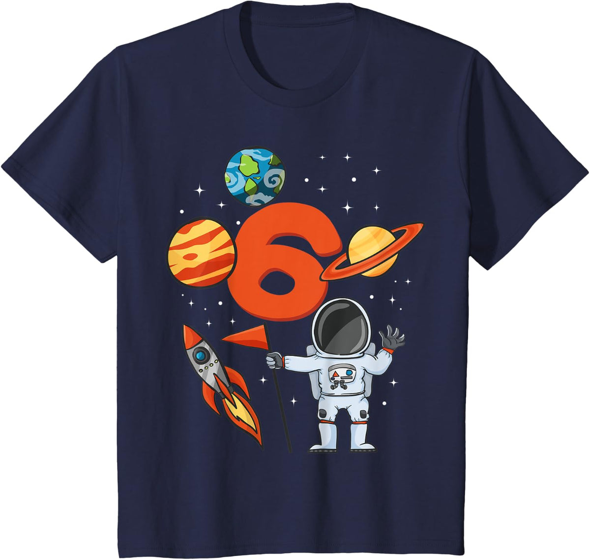 Kids 6th Astronaut Boy Birthday Outer Space Themed Birthday T-Shirt - Navy Blue