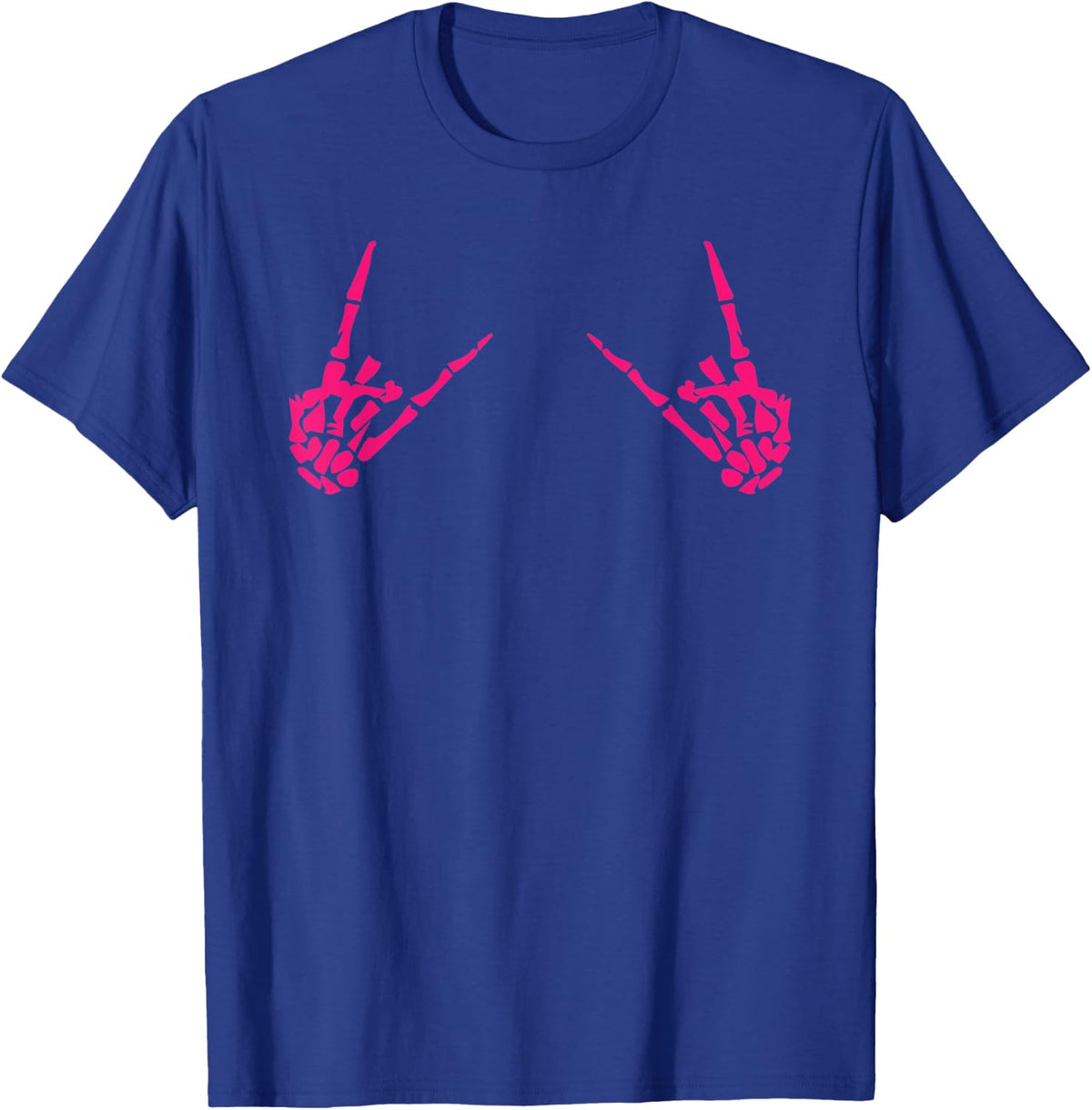 Rock Metal Girl Pink Skeleton Hands Sign of The Horns T-Shirt - Royal Blue