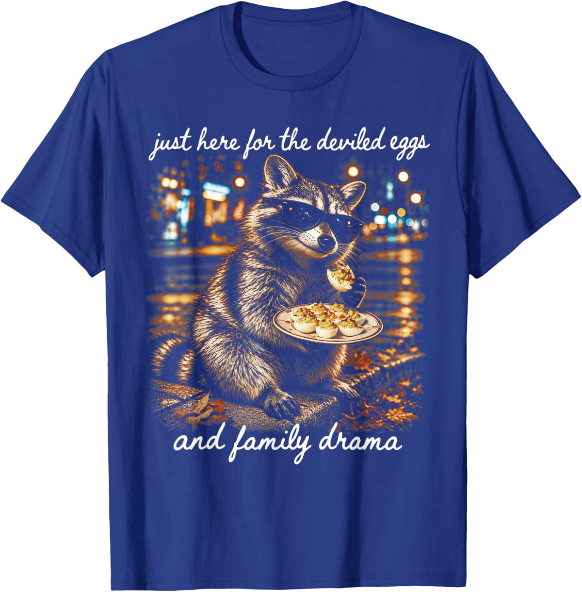 Just Here for Deviled Eggs Family Drama Raccoon Thanksgiving T-Shirt - Royal Blue