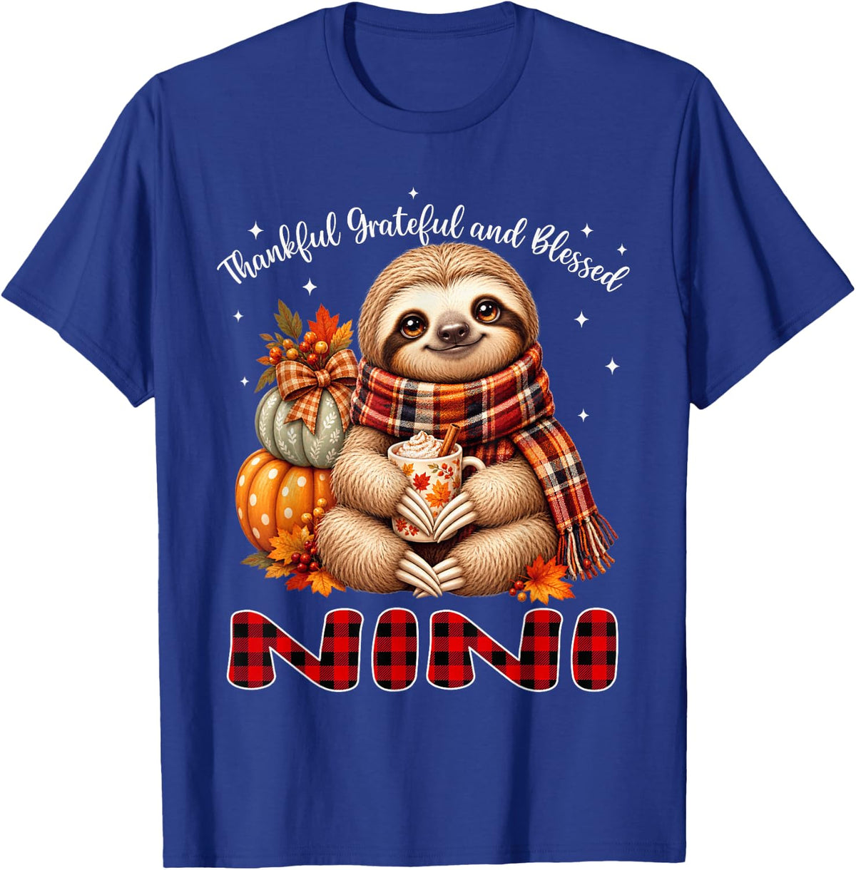 Thankful Grateful Blessed Nini Sloth Thanksgiving T-Shirt - Royal Blue