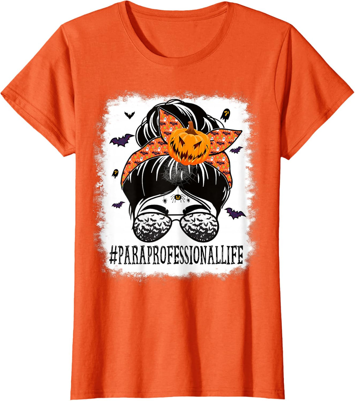 Paraprofessional Messy Bun Spooky Pumpkin Orange Halloween T-Shirt - Orange