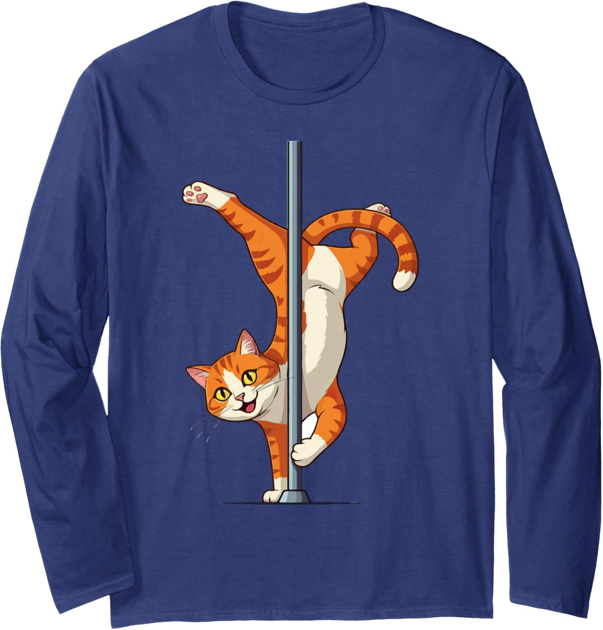 Playful Ginger Cat Hugging a Pole Long Sleeve T-Shirt - Adult Unisex Navy Blue