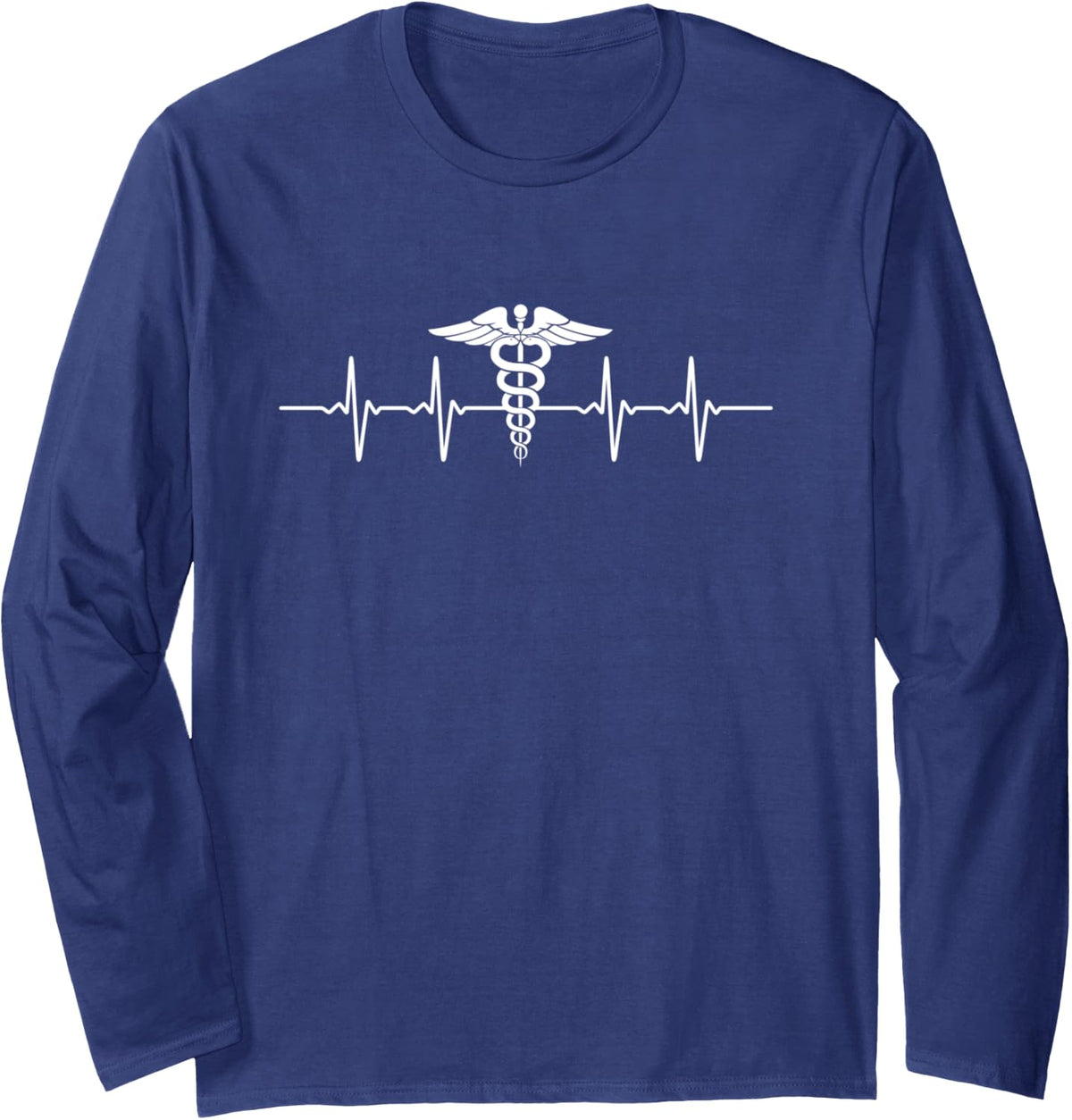 Medical Pulse: Caduceus Heartbeat Long Sleeve T-Shirt - Adult Unisex Navy Blue