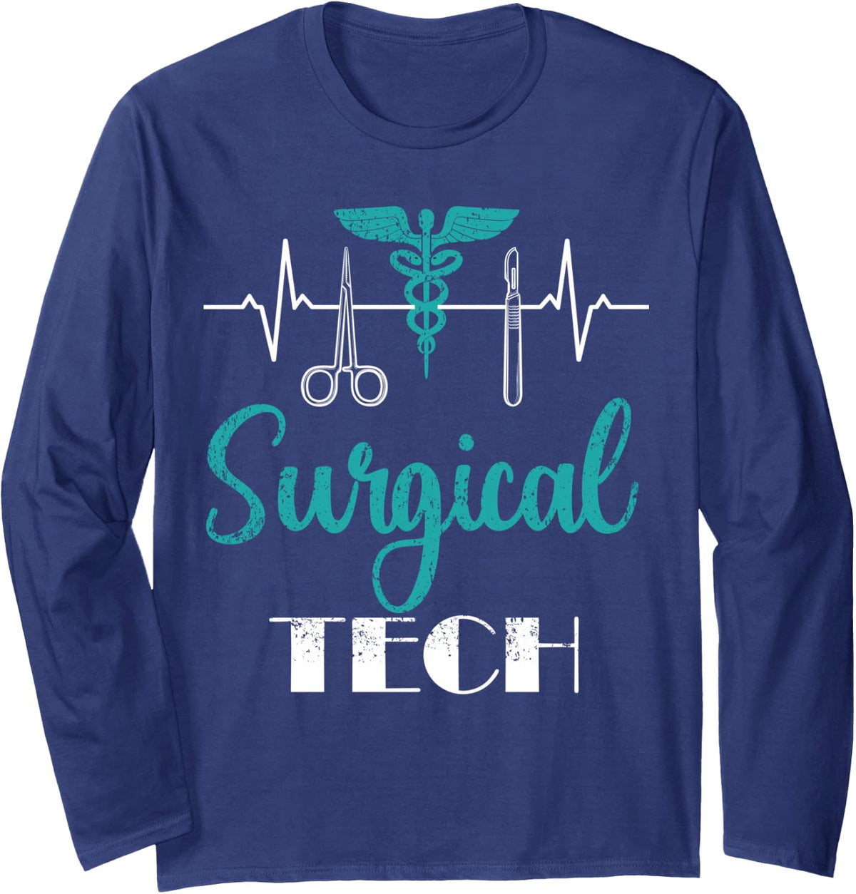 Scrub Tech Surgical Tech Week Technologist Technicians EKG Long Sleeve T-Shirt - Adult Unisex Navy Blue