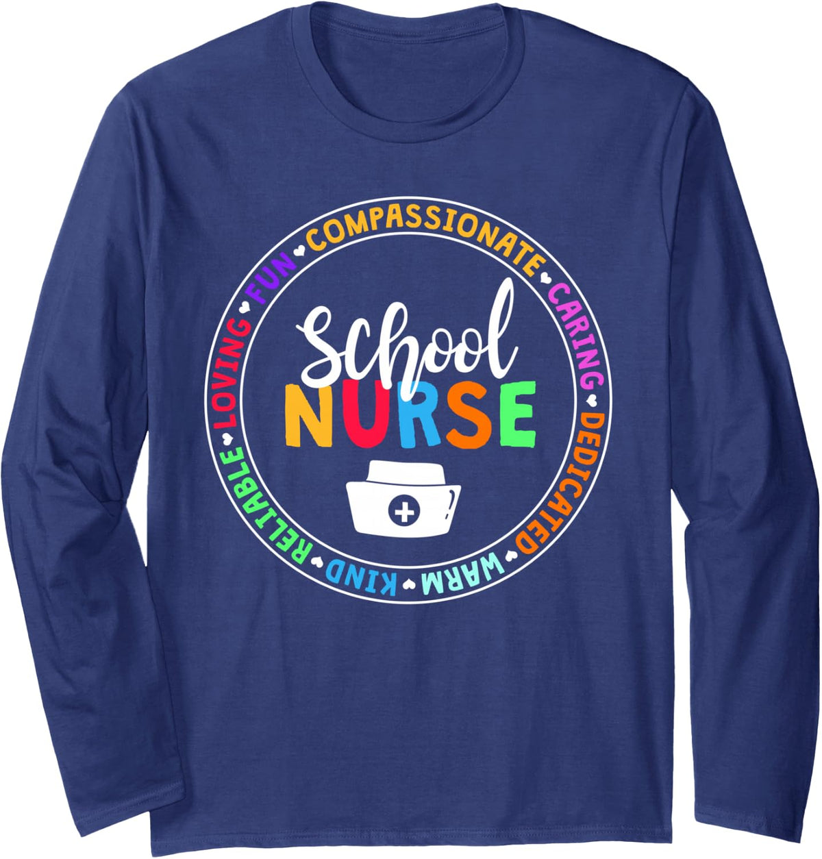 Cute Nursing Back To School Heart School Nurse Long Sleeve T-Shirt - Adult Unisex Navy Blue