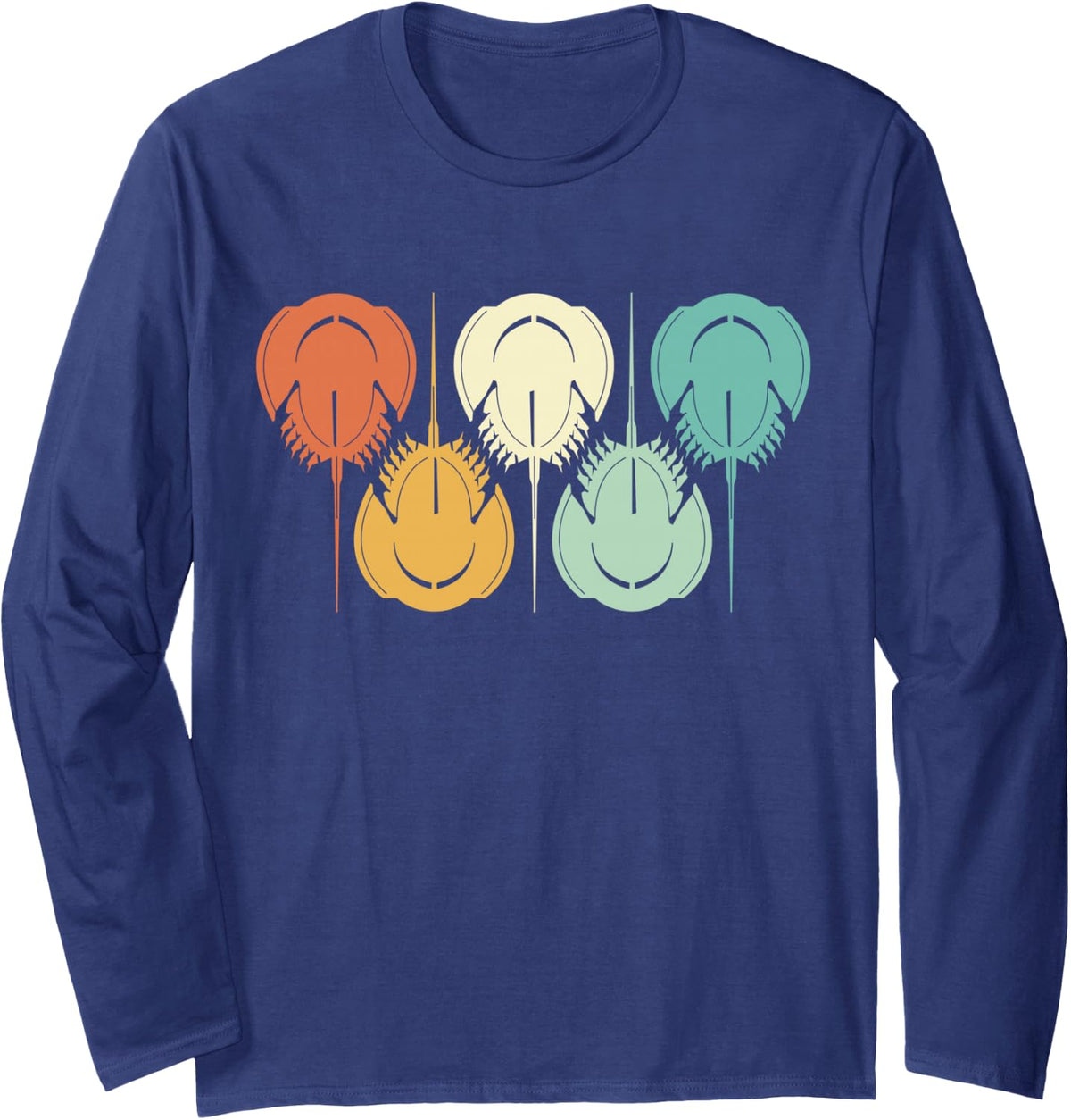 Retro Horseshoe Crabs Long Sleeve T-Shirt - Adult Unisex Navy Blue