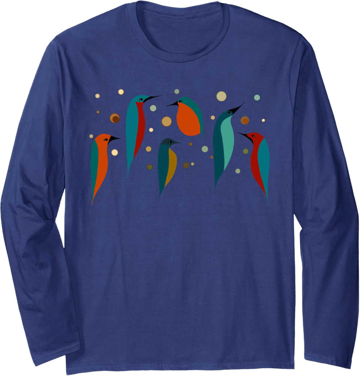 Retro Mid-Century Modern Birds 50s 60s Style Long Sleeve T-Shirt - Adult Unisex Navy Blue