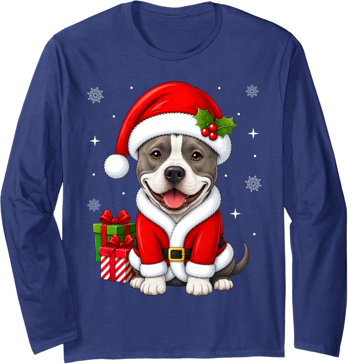 American Staffordshire Terrier Dog Christmas Santa Costume Long Sleeve T-Shirt - Adult Unisex Navy Blue