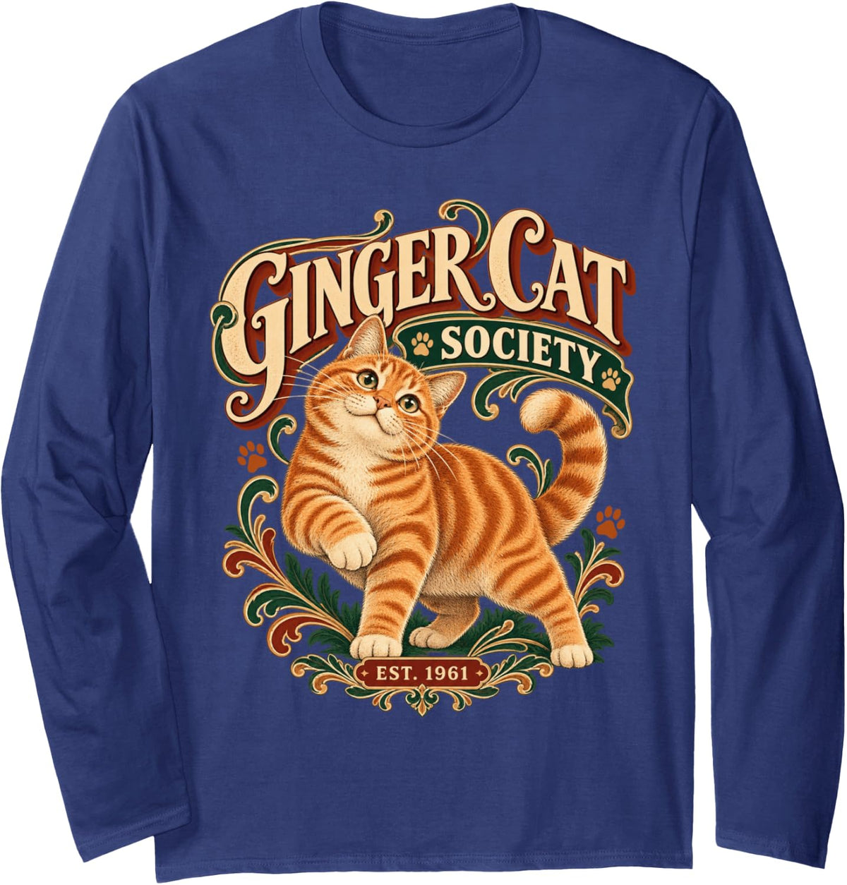 Ginger Cat Society Vintage Orange Tabby Design Long Sleeve T-Shirt - Adult Unisex Navy Blue