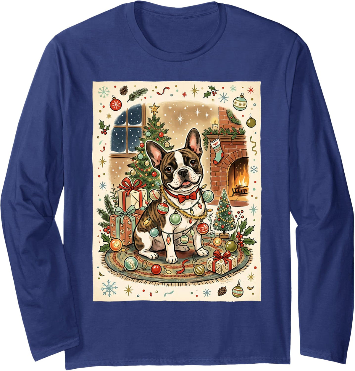 French Bulldog Frenchie String Lights Ornaments Tinsel Retro Long Sleeve T-Shirt - Adult Unisex Navy Blue