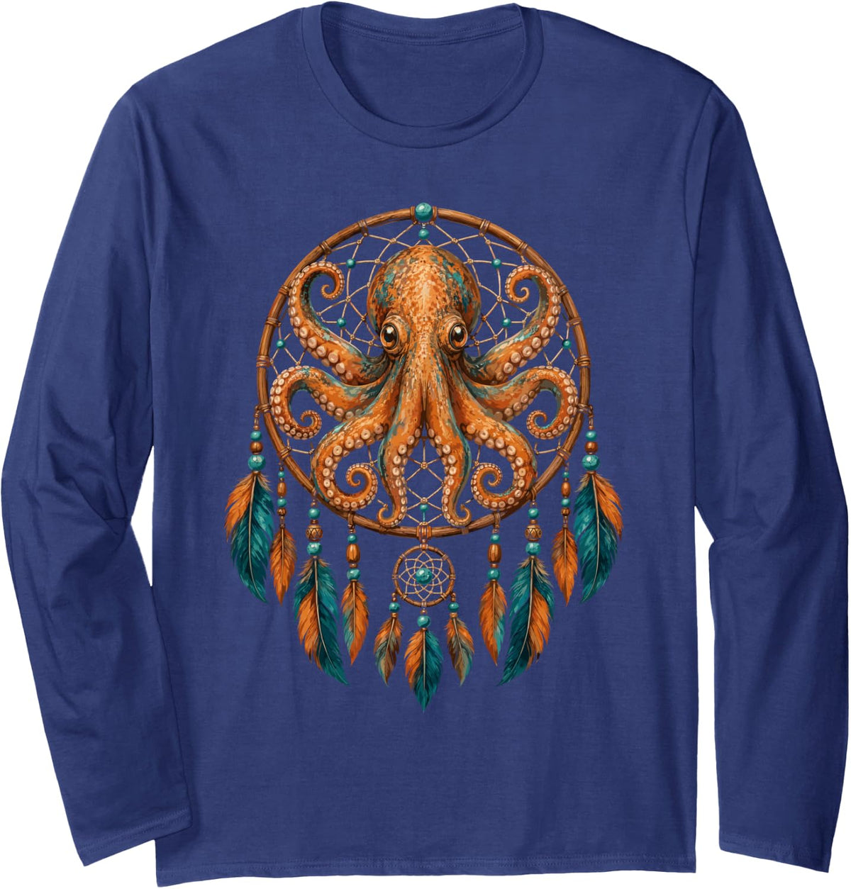 Dreamcatcher Feather Art - Octopus Long Sleeve T-Shirt - Adult Unisex Navy Blue