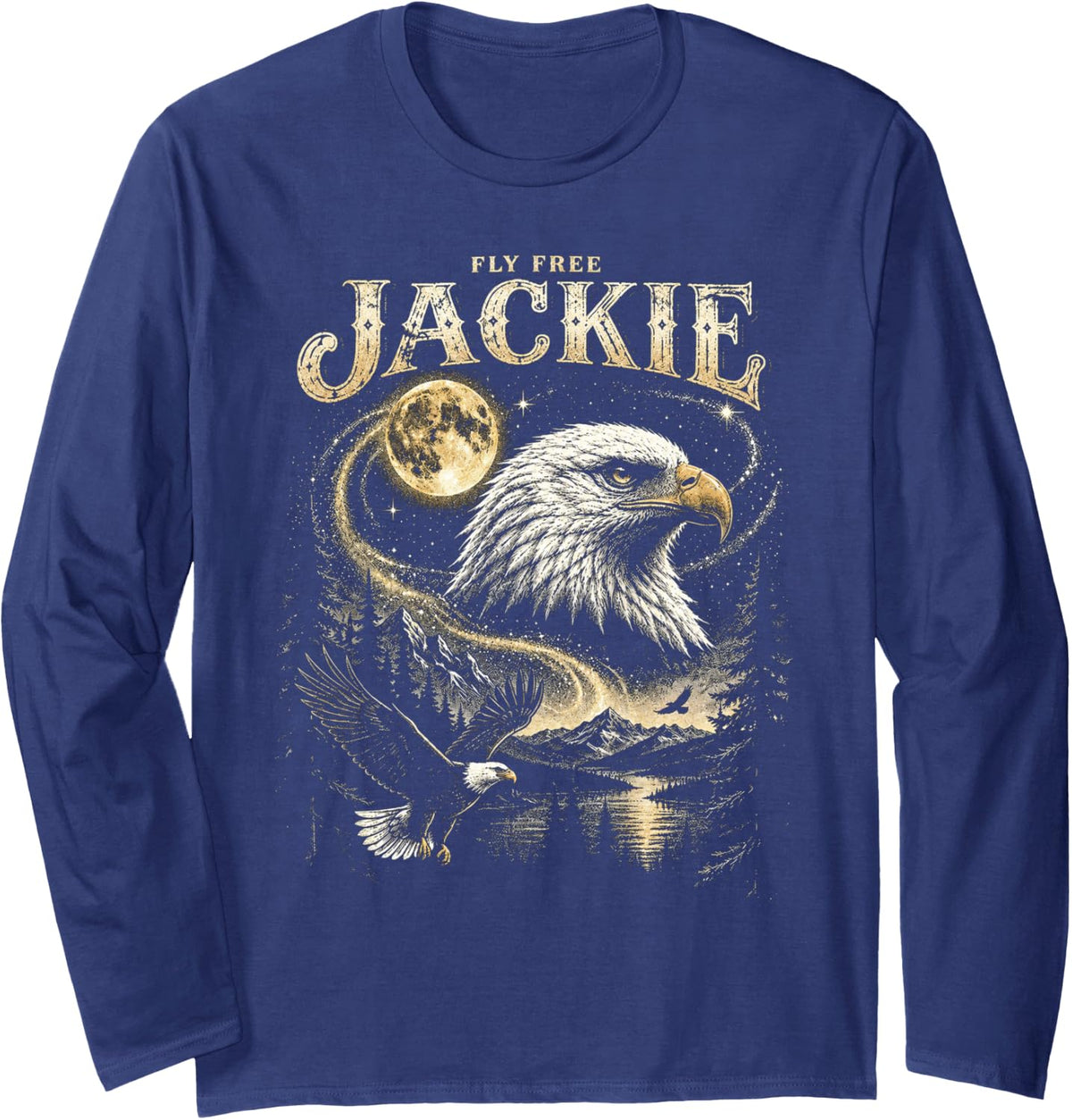 Fly High Jackie Jackie and Shadow Bald Eagle Long Sleeve T-Shirt - Adult Unisex Navy Blue