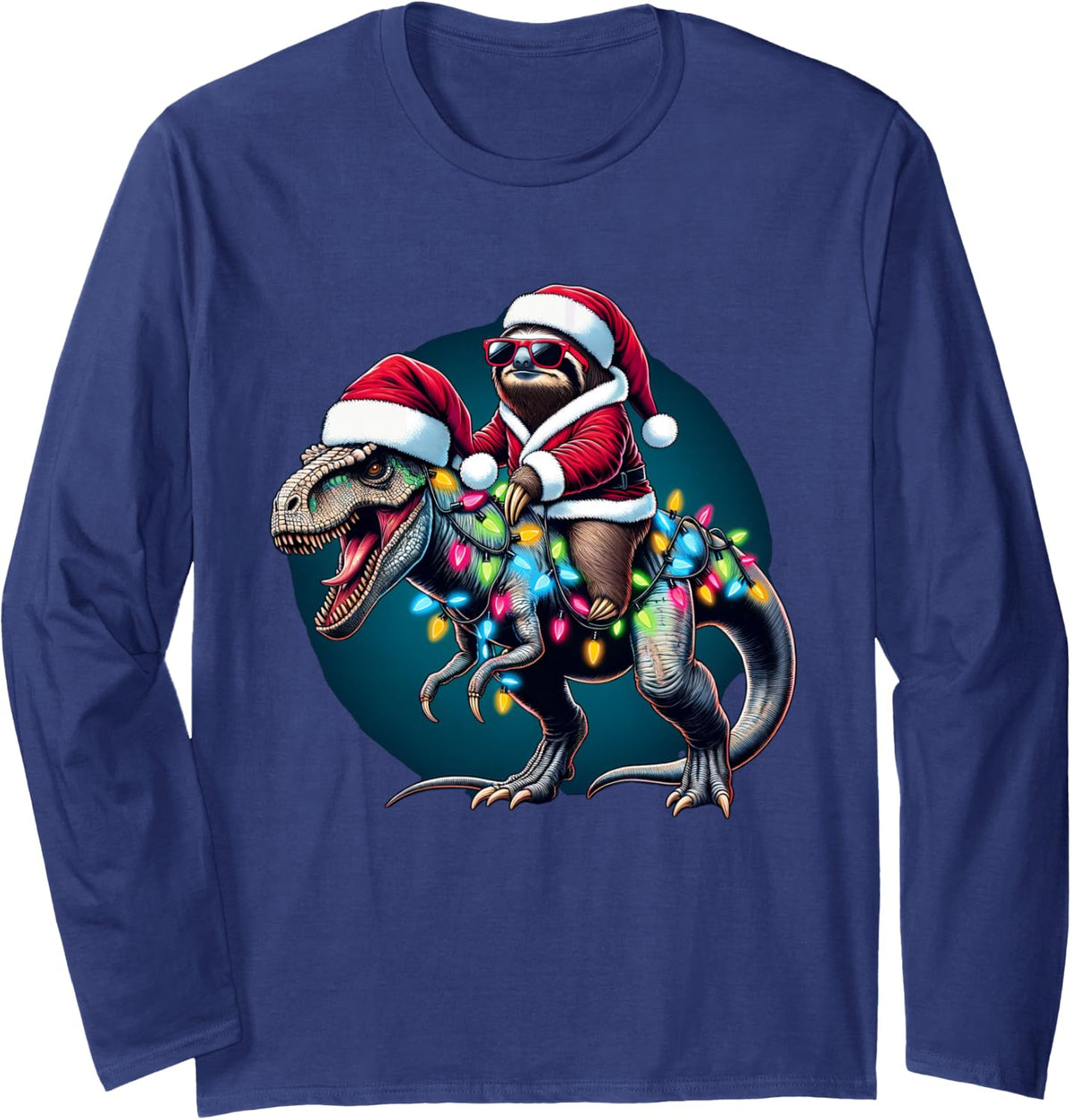 Christmas Lights Sloth Riding T Rex Long Sleeve T-Shirt - Adult Unisex Navy Blue