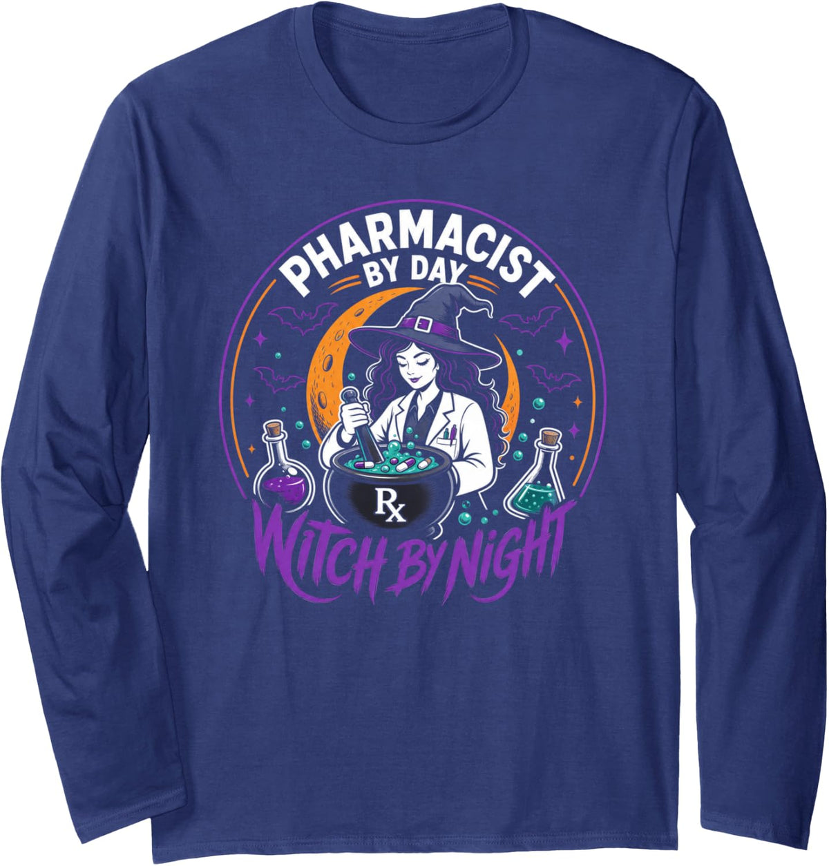 Halloween Pharmacist Witch by Night Long Sleeve T-Shirt - Adult Unisex Navy Blue