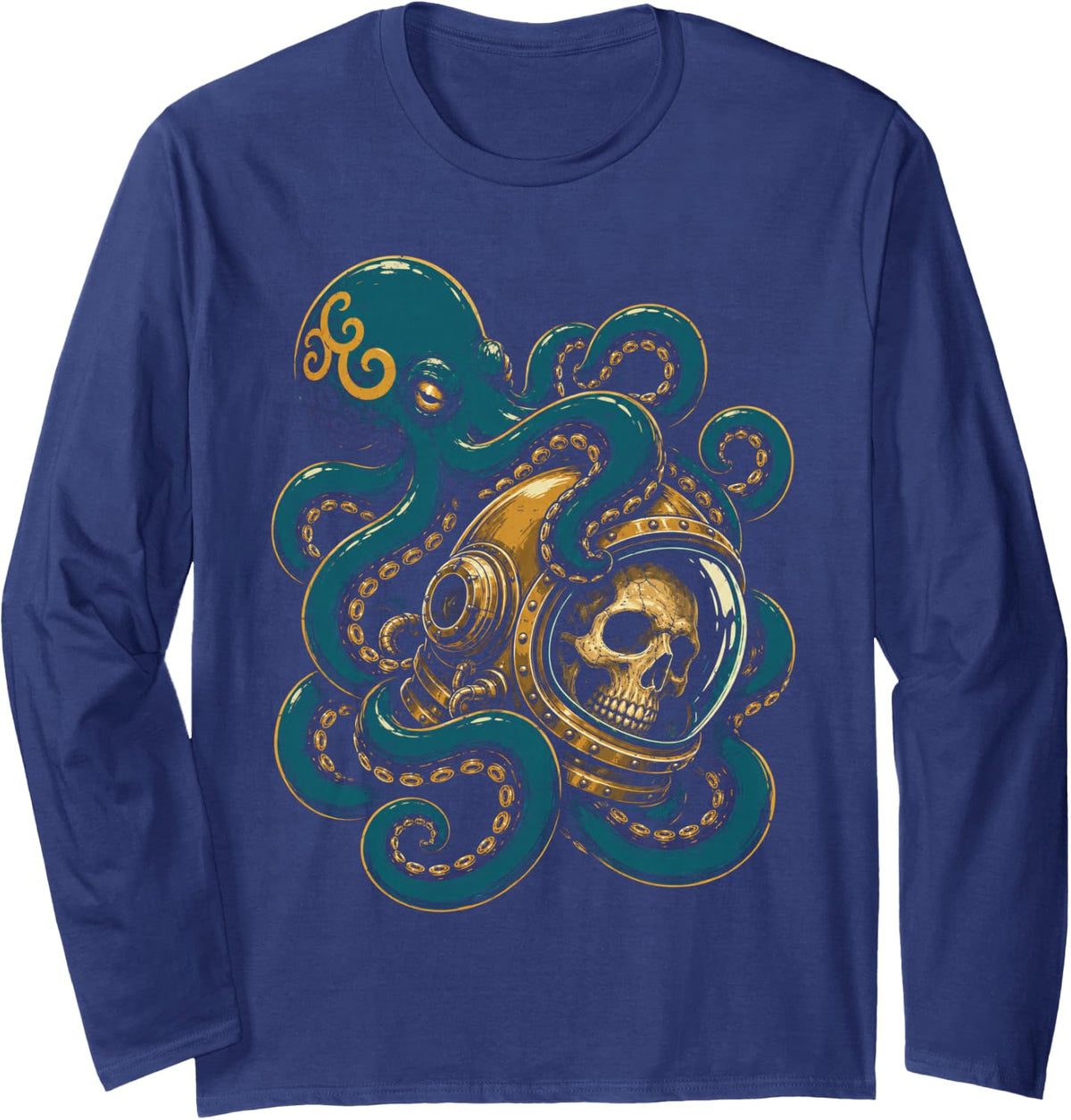 Skulls Octopus Astronaut Deep Sea Space Kraken Halloween Long Sleeve T-Shirt - Adult Unisex Navy Blue