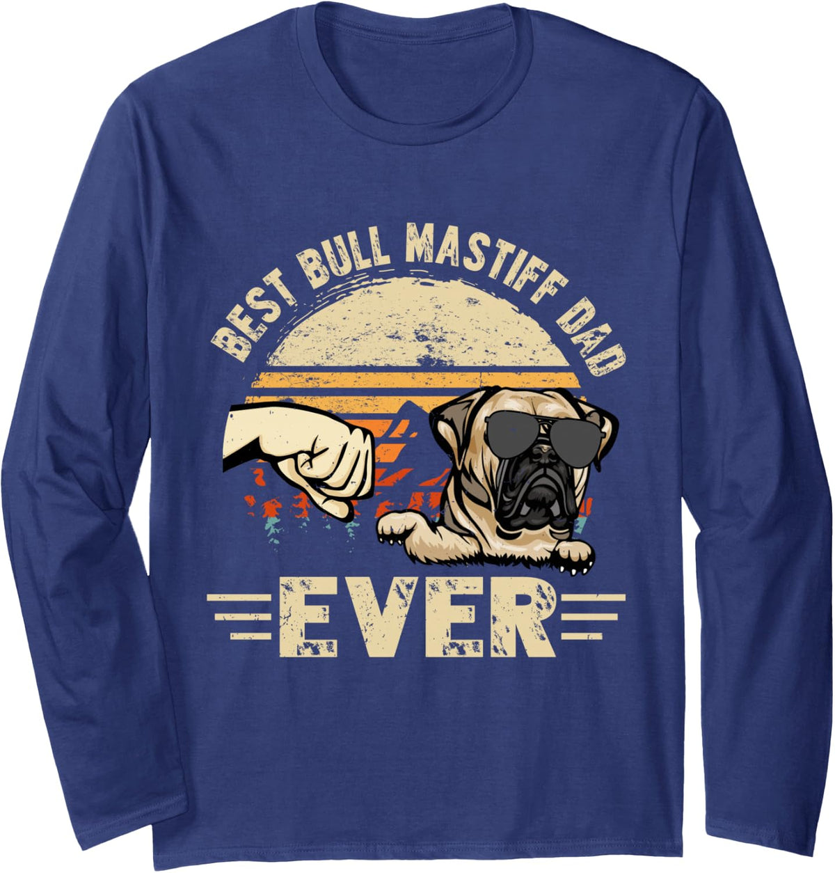 Best Bull Mastiff Dad Ever Sunset Retro Father's Day Long Sleeve T-Shirt - Adult Unisex Navy Blue