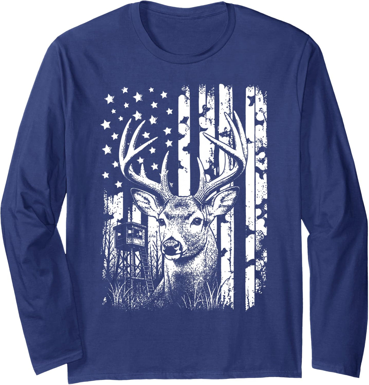 Deer Stand Hunter Whitetail Buck Long Sleeve T-Shirt - Adult Unisex Navy Blue
